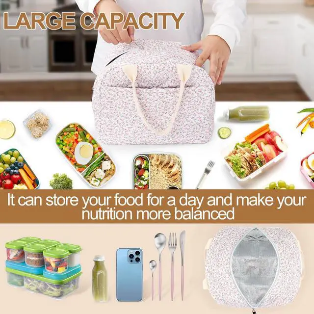Alt view image 5 of 7 - Cotton Quilted Insulated Lunch Bag, Reusable Quilted Floral Lunch Tote Bags | Cute Insulated Lunch Box Coquette Aesthetic Large Capacity Insulated Cooler for Women Work Travel (Pink)