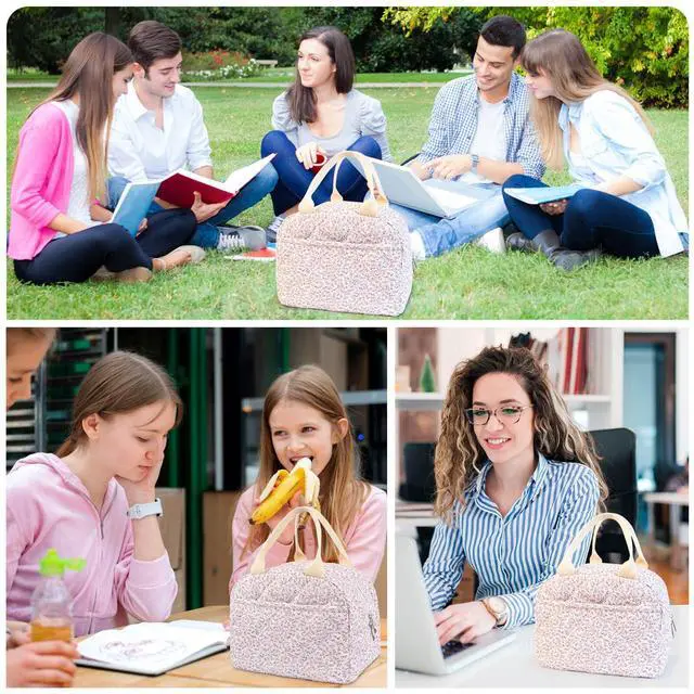 Alt view image 7 of 7 - Cotton Quilted Insulated Lunch Bag, Reusable Quilted Floral Lunch Tote Bags | Cute Insulated Lunch Box Coquette Aesthetic Large Capacity Insulated Cooler for Women Work Travel (Pink)
