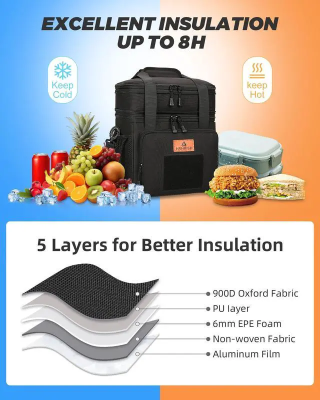 Alt view image 5 of 6 - Expandable Lunch Box for Men Durable Leakproof Insulated Lunch Bag 24Cans | Double Deck Soft Cooler Bag Waterproof Heavy Duty Oxford, Removable Adjustable Shoulder Straps 8hr Cold for Work