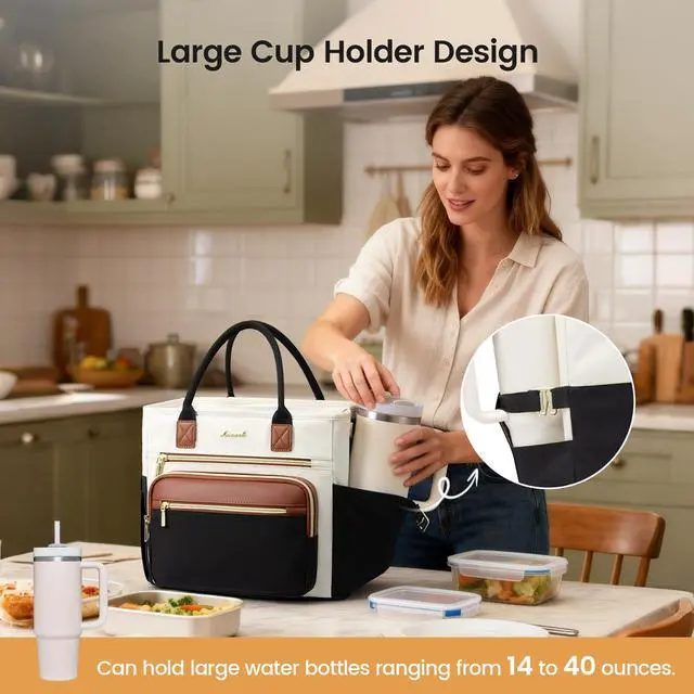 Alt view image 2 of 7 - Insulated Lunch Box for Women,Large Adult Lunch Cooler Bag Women | Wide Opening Leakproof Cooler Bag with Cup Holder,Lunch Teacher Tote Bag for Work,Picnic,Beach,Family,College,Gift,13L