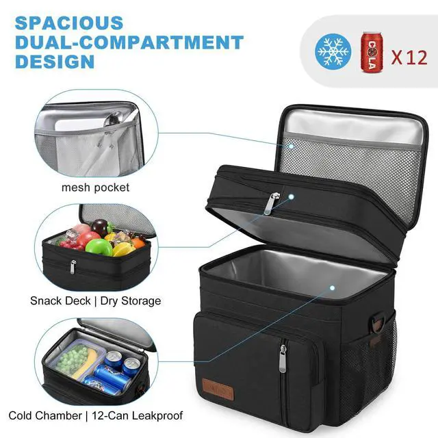 Alt view image 6 of 7 - Lunch Bag & Lunch Box for Men Women, Double Deck & Leakproof | Insulated Soft Large Adult Camping Cooler bag for Work, Beach, Picnic, Travel (Black, 15L)