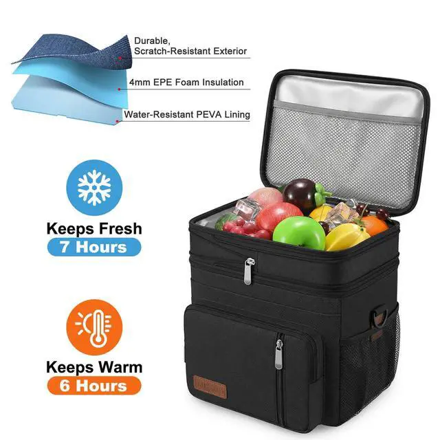 Alt view image 7 of 7 - Lunch Bag & Lunch Box for Men Women, Double Deck & Leakproof | Insulated Soft Large Adult Camping Cooler bag for Work, Beach, Picnic, Travel (Black, 15L)
