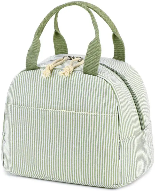 Main image of Lunch Box for Women Cute Lunch Bag Reusable Insulated Lunch Bags Large Capacity Lunchbox Cooler for Work Picnic or Travel Gifts (A Sage Green White Stripes, 10 x 7.5 x 8 inches)