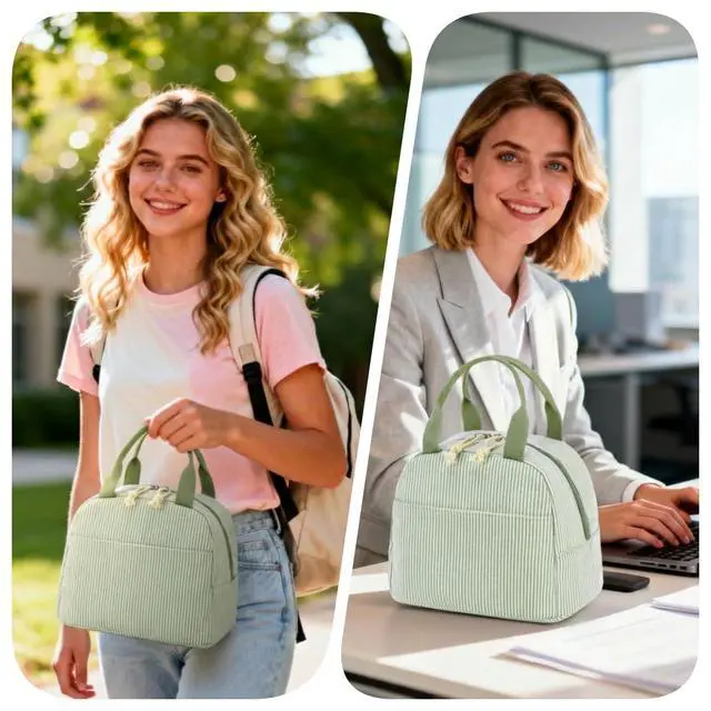 Alt view image 2 of 7 - Lunch Box for Women Cute Lunch Bag Reusable Insulated Lunch Bags Large Capacity Lunchbox Cooler for Work Picnic or Travel Gifts (A Sage Green White Stripes, 10 x 7.5 x 8 inches)