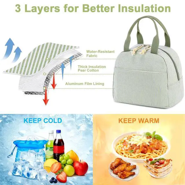 Alt view image 3 of 7 - Lunch Box for Women Cute Lunch Bag Reusable Insulated Lunch Bags Large Capacity Lunchbox Cooler for Work Picnic or Travel Gifts (A Sage Green White Stripes, 10 x 7.5 x 8 inches)