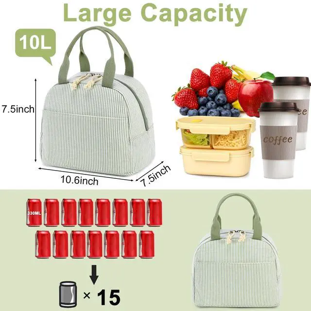 Alt view image 4 of 7 - Lunch Box for Women Cute Lunch Bag Reusable Insulated Lunch Bags Large Capacity Lunchbox Cooler for Work Picnic or Travel Gifts (A Sage Green White Stripes, 10 x 7.5 x 8 inches)