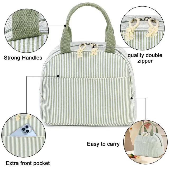 Alt view image 6 of 7 - Lunch Box for Women Cute Lunch Bag Reusable Insulated Lunch Bags Large Capacity Lunchbox Cooler for Work Picnic or Travel Gifts (A Sage Green White Stripes, 10 x 7.5 x 8 inches)