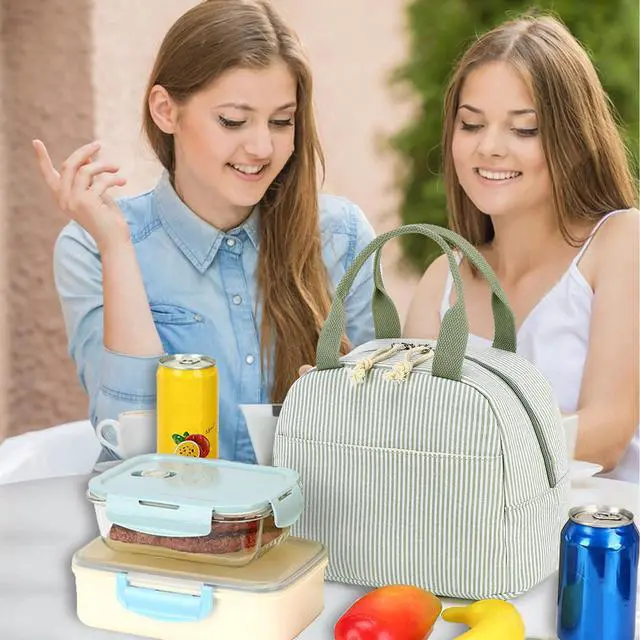 Alt view image 7 of 7 - Lunch Box for Women Cute Lunch Bag Reusable Insulated Lunch Bags Large Capacity Lunchbox Cooler for Work Picnic or Travel Gifts (A Sage Green White Stripes, 10 x 7.5 x 8 inches)