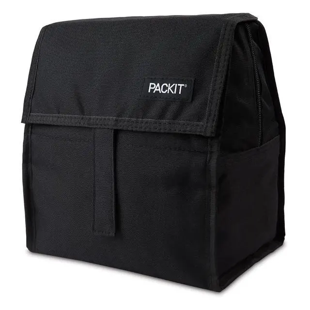 Alt view image 2 of 6 - Freezable Lunch Bag, Black, Built with EcoFreeze Technology, Foldable, Reusable, Zip and Fold Closure with Buckle Handle, Perfect for School and Office Lunches