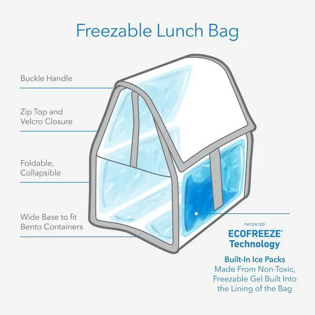 Alt view image 3 of 6 - Freezable Lunch Bag, Black, Built with EcoFreeze Technology, Foldable, Reusable, Zip and Fold Closure with Buckle Handle, Perfect for School and Office Lunches