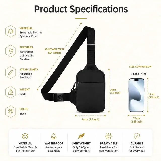 Alt view image 6 of 7 - Mini Crossbody Sling Bag - Water-Resistant Dual Pocket Chest Pack - Lightweight Fanny Pack for Running, Travel & Everyday Workout