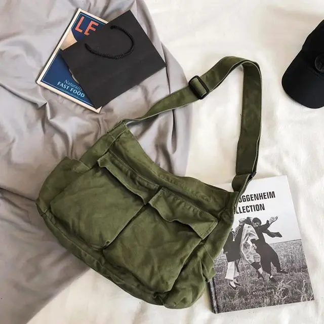 Alt view image 3 of 6 - Aesthetic Cute Messenger Bag for School Vintage Green Canvas Crossbody for Women Shoulder Laptop Bag | Aesthetic Shoulder Laptop Bags Satchel Schoolbag