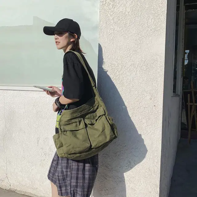 Alt view image 5 of 6 - Aesthetic Cute Messenger Bag for School Vintage Green Canvas Crossbody for Women Shoulder Laptop Bag | Aesthetic Shoulder Laptop Bags Satchel Schoolbag