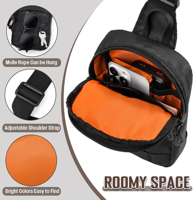 Alt view image 5 of 7 - Small Sling Bag for Men, Tactical Inspired Waterproof Utility EDC Mini Crossbody Chest Bag for Travel Work Sport (Black)