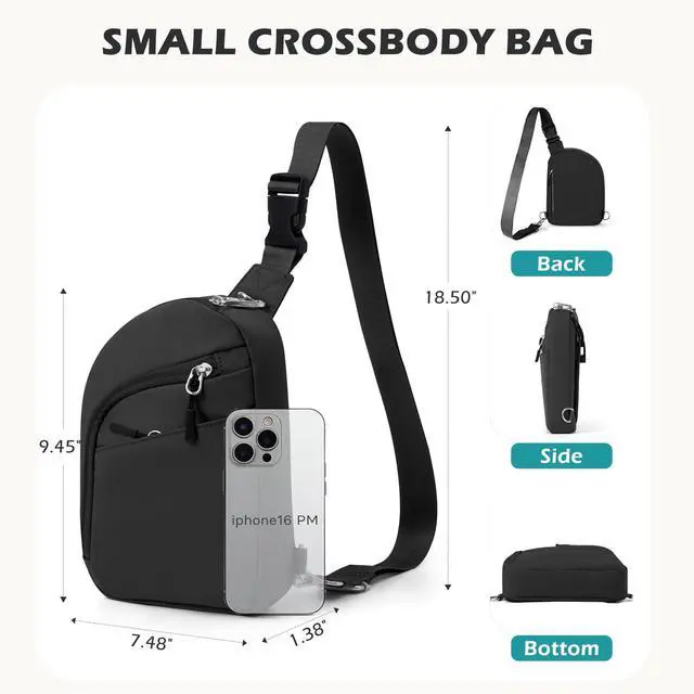 Alt view image 3 of 7 - Anti-Theft Crossbody Travel Bag for Women Men, Small Black Cross-Body Bag Shoulder Bag with Zipper Switchable Strap, Fashion Lightweight Slim Sling Bag for Work Sport Gift