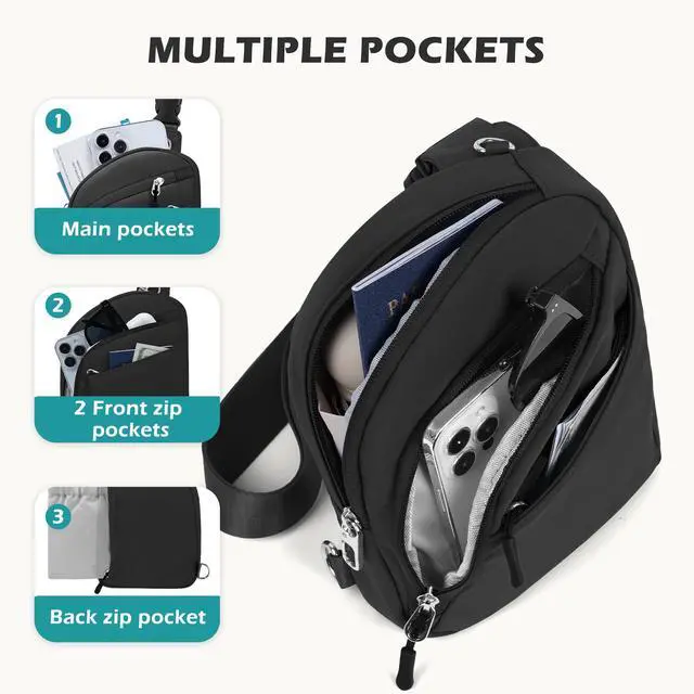 Alt view image 5 of 7 - Anti-Theft Crossbody Travel Bag for Women Men, Small Black Cross-Body Bag Shoulder Bag with Zipper Switchable Strap, Fashion Lightweight Slim Sling Bag for Work Sport Gift