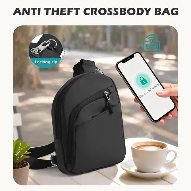 Alt view image 4 of 7 - Anti-Theft Crossbody Travel Bag for Women Men, Small Black Cross-Body Bag Shoulder Bag with Zipper Switchable Strap, Fashion Lightweight Slim Sling Bag for Work Sport Gift