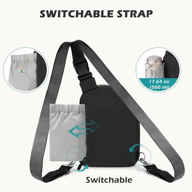 Alt view image 7 of 7 - Anti-Theft Crossbody Travel Bag for Women Men, Small Black Cross-Body Bag Shoulder Bag with Zipper Switchable Strap, Fashion Lightweight Slim Sling Bag for Work Sport Gift