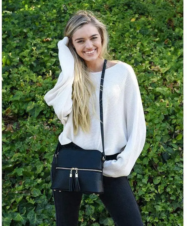 Alt view image 4 of 7 - Lunar Lightweight Medium Dome Crossbody Bag Shoulder Bag with Double Tassels | Zipper Pocket | Adjustable Strap|Black