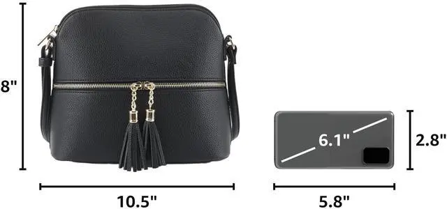 Alt view image 3 of 7 - Lunar Lightweight Medium Dome Crossbody Bag Shoulder Bag with Double Tassels | Zipper Pocket | Adjustable Strap|Black