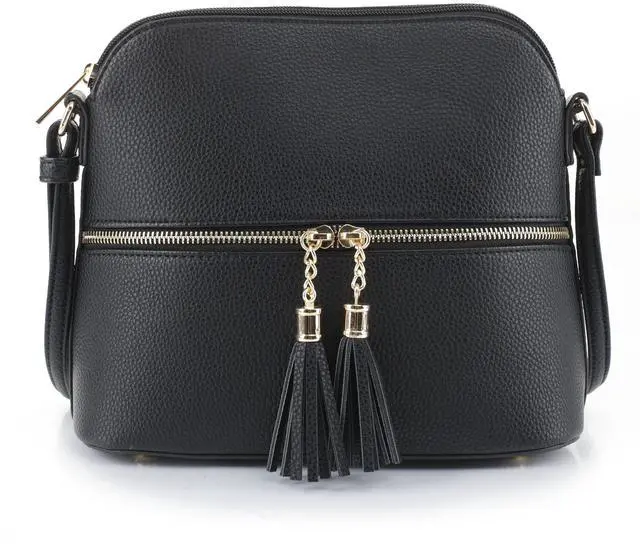 Main image of Lunar Lightweight Medium Dome Crossbody Bag Shoulder Bag with Double Tassels | Zipper Pocket | Adjustable Strap|Black