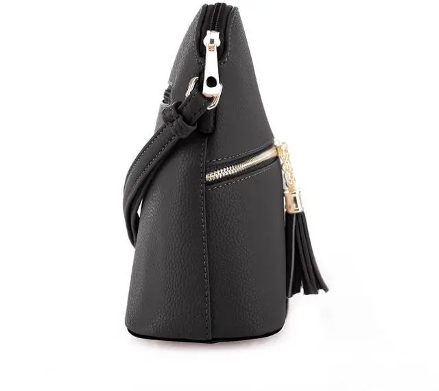 Alt view image 7 of 7 - Lunar Lightweight Medium Dome Crossbody Bag Shoulder Bag with Double Tassels | Zipper Pocket | Adjustable Strap|Black