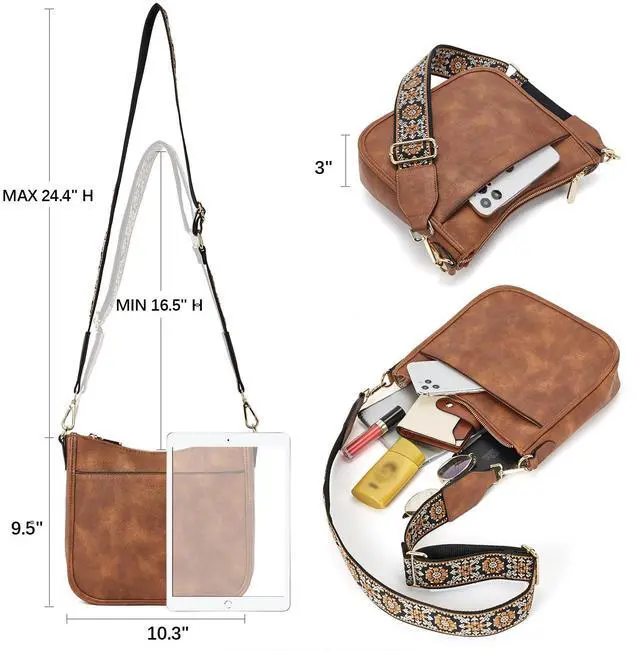 Alt view image 4 of 7 - Crossbody Bags for Women Trendy Vegan Leather Hobo Purses Shoulder Handbags With Wide Shoulder Strap Brown | Comfort Adjustable Guitar Strap, Roomy, Multi Pockets, Lightweight, Structured Right Size