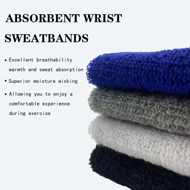 Alt view image 5 of 7 - 8 Pack Wrist Sweatbands Tennis Wrist Bands Absorbent Sweat Band for Men and Women, Breathable Cotton Sweatbands for Working Out, Basketball, Running Athletic Sports -Blue/Black/White/Gray