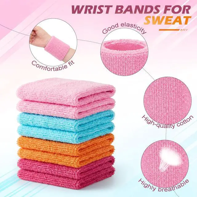 Alt view image 3 of 7 - 8 Pack Wrist Sweatbands Sports Wristbands Tennis Sweatbands Neon 80s Thick Cotton Gymnastics Sweat Band Athletic Football Soccer Sports Wristband for Men Women Party(Pastel)