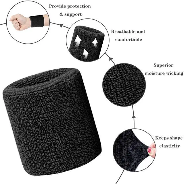 Alt view image 4 of 7 - 8 Pack Wrist Sweatbands Tennis Wrist Bands Absorbent Sweat Band for Men and Women, Breathable Cotton Sweatbands for Working Out, Football, Basketball, Running Athletic Sports -Black