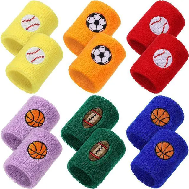 Main image of 24 Pieces Sports Wristbands for Kids, Colorful Wrist Sweatbands Terry Cloth Wristbands with Soccer Basketball Football Baseball Design for Sports Party Birthday Party Favors, 6 Colors (Sport Color)