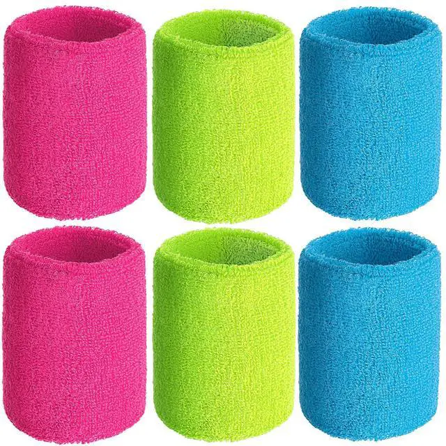 Alt view image 6 of 7 - 6 Pcs Wrist Sweatbands Sports Wristbands for Competitions Absorbent Sweatbands for Basketball Tennis Football Running Working(Neon Pink, Neon Green, Sky Blue)