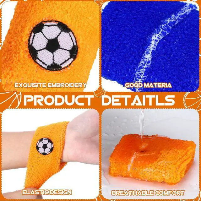 Alt view image 4 of 7 - 24 Pieces Sports Wristbands for Kids, Colorful Wrist Sweatbands Terry Cloth Wristbands with Soccer Basketball Football Baseball Design for Sports Party Birthday Party Favors, 6 Colors (Bright Color)
