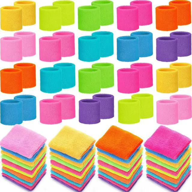 Main image of 60 Pcs Neon Color Wristband Bulk Sweatband Neon 80s Sports Tennis Wristband Thick Cotton Gymnastics Adult Sweat Band Absorbent Sweatband for Men Women Supply Basketball Football 30 Pair