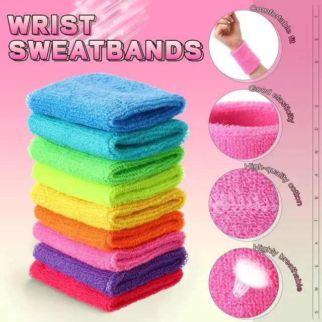 Alt view image 3 of 7 - 60 Pcs Neon Color Wristband Bulk Sweatband Neon 80s Sports Tennis Wristband Thick Cotton Gymnastics Adult Sweat Band Absorbent Sweatband for Men Women Supply Basketball Football 30 Pair
