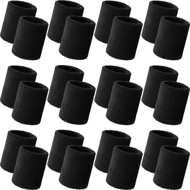 Main image of 24 Pcs Wrist Sweatbands Bulk for Men Sports Wrist Bands, Black | Absorbent Athletic Tennis Wristbands, Stretchy Breathable Cotton Terry for Adults Women Basketball Baseball Gym Working out