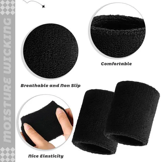 Alt view image 2 of 7 - 24 Pcs Wrist Sweatbands Bulk for Men Sports Wrist Bands, Black | Absorbent Athletic Tennis Wristbands, Stretchy Breathable Cotton Terry for Adults Women Basketball Baseball Gym Working out