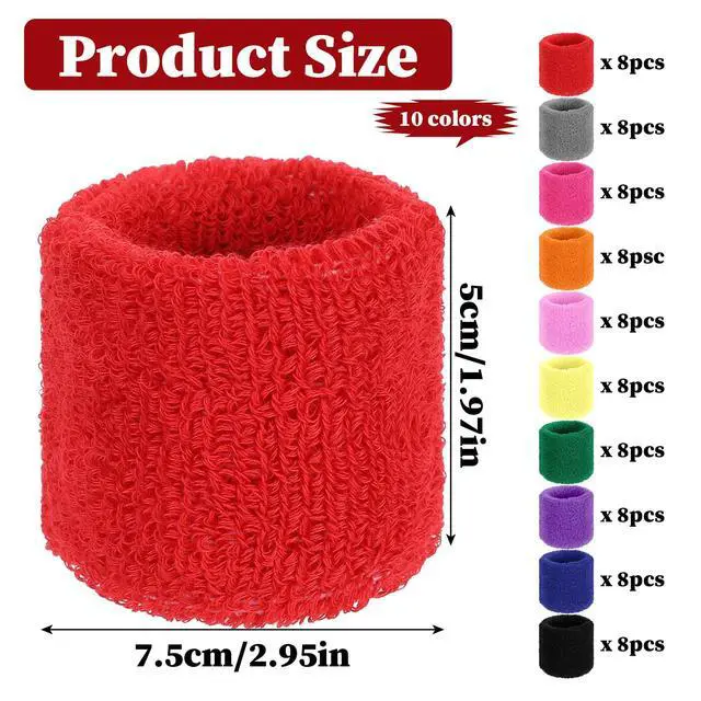 Alt view image 2 of 7 - 80 Pcs Wrist Sweatbands Bulk, Sports Wristbands in 10 Assorted Colors, Cotton Terry Stretchy Sweat Absorbing Arm Bands for Basketball, Tennis, Running & Workout(2.95 Inch)