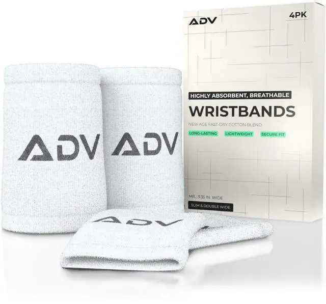 Main image of Wristbands, Slim & Absorbent (White, M/L, 4-Pack) | Doublewide and slim, compression fit, proprietary cotton blend