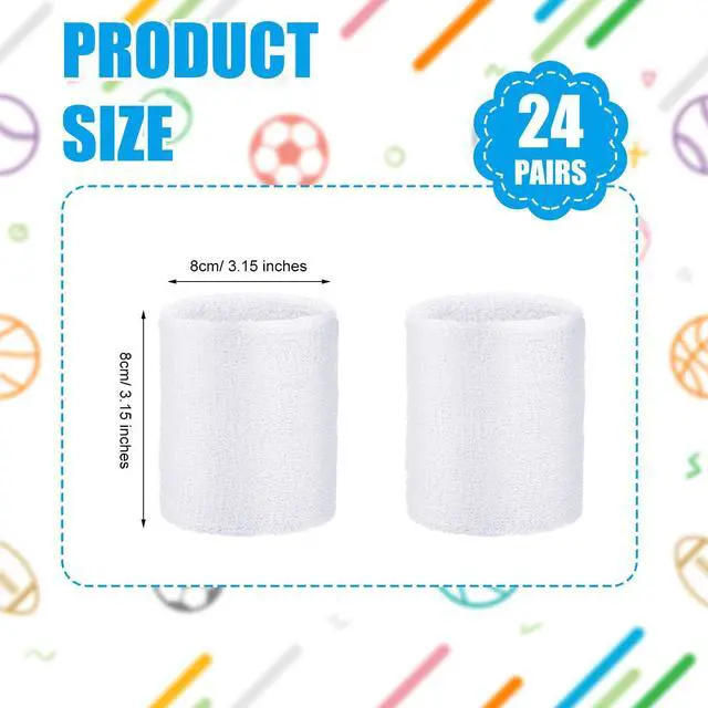 Alt view image 3 of 6 - 24 Pairs Wrist Sweatbands Sports Wristband Cotton Tennis Wrist Bands Athletic Wristband Anti Sprain Protective Sleeve for Men Women Football Basketball Running Working Out Gym (White)