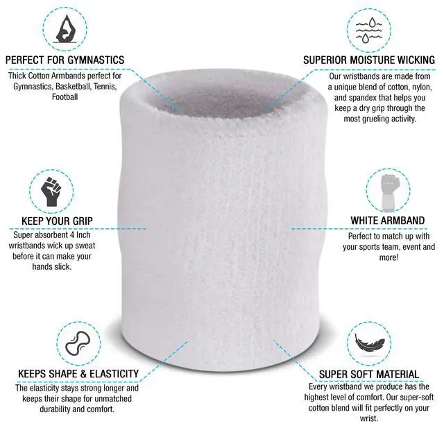 Alt view image 2 of 7 - Arm Sweatbands, Absorbent and Breathable Thick Cotton Bands for Working Out, Gymnastics, Basketball, Tennis, and Football, Multiuse 4-inch Wristbands for Costumes and Cosplay, White