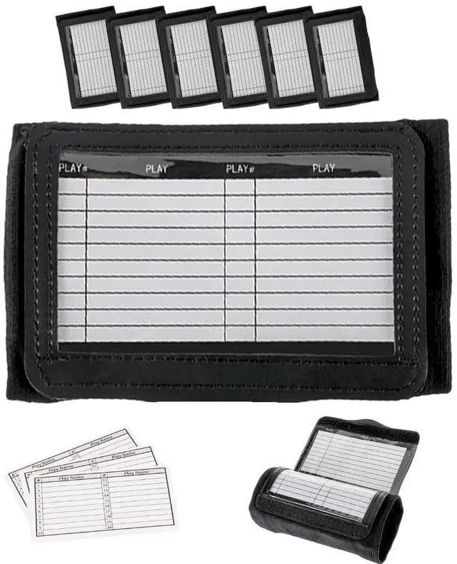 Main image of QB Playbook Wristband - Black Football Quarterback Play Wristbands for Adults - 3 Compartments Play Sheet Wrist Coach for All Sports - Pack of 6, Adjustable