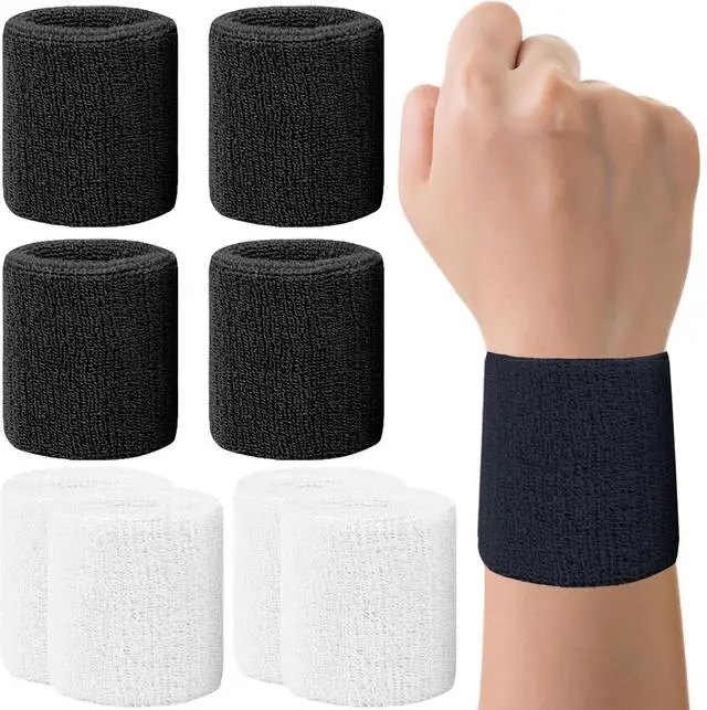 Main image of 8 Pack Wrist Sweatbands Tennis Wrist Bands Absorbent Sweat Band for Men and Women, Breathable Cotton Sweatbands for Working Out, Football, Basketball, Running Athletic Sports -Black+White