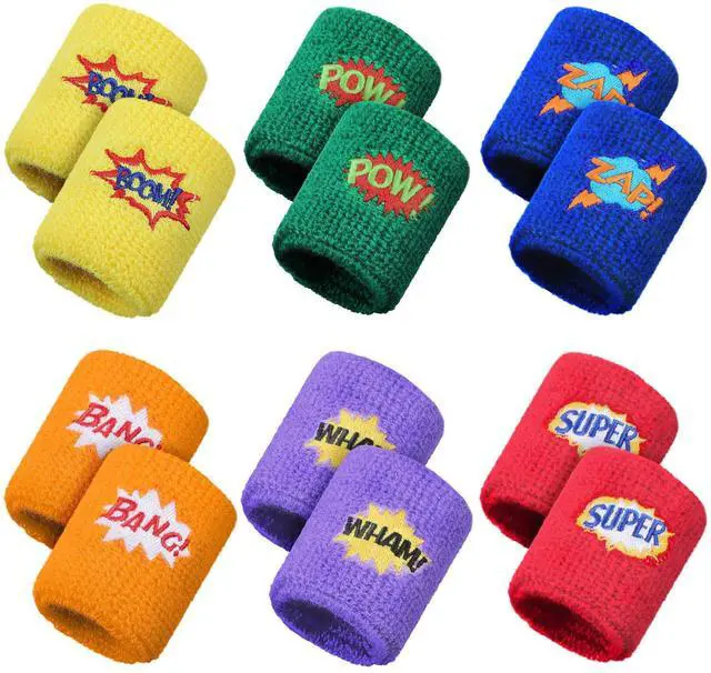 Main image of 24 Pieces Sports Wristbands Colorful Wrist Sweatbands Terry Cloth Wristbands with Pow Zap Design for School Students Teacher Sports Fan Birthday Basketball Party Favors 6 Styles(Bright Color)