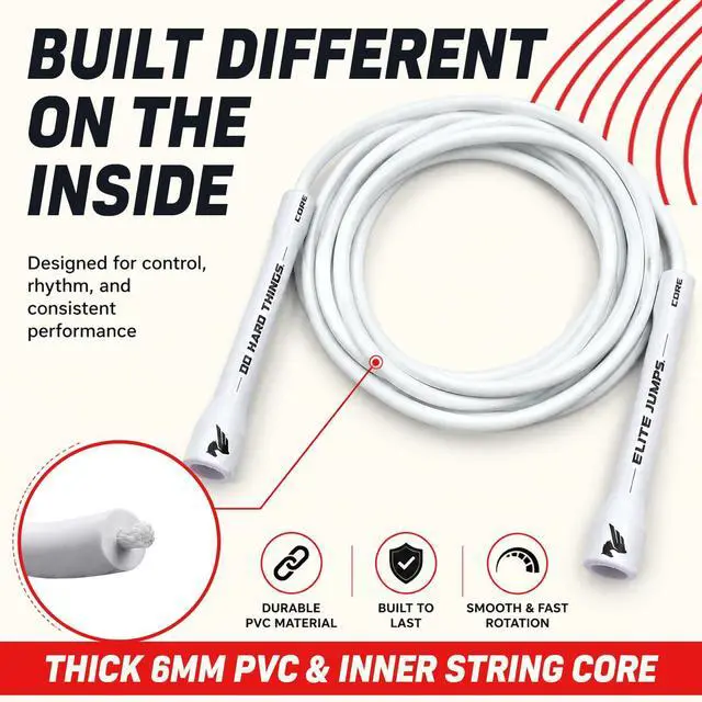 Alt view image 3 of 7 - Jumps 6mm PVC Jump Rope, Adjustable Skipping Rope - White Handles - 5" Handle | Kink Free PVC Cord Unbreakable handles. Smooth running. For cardio and boxing.