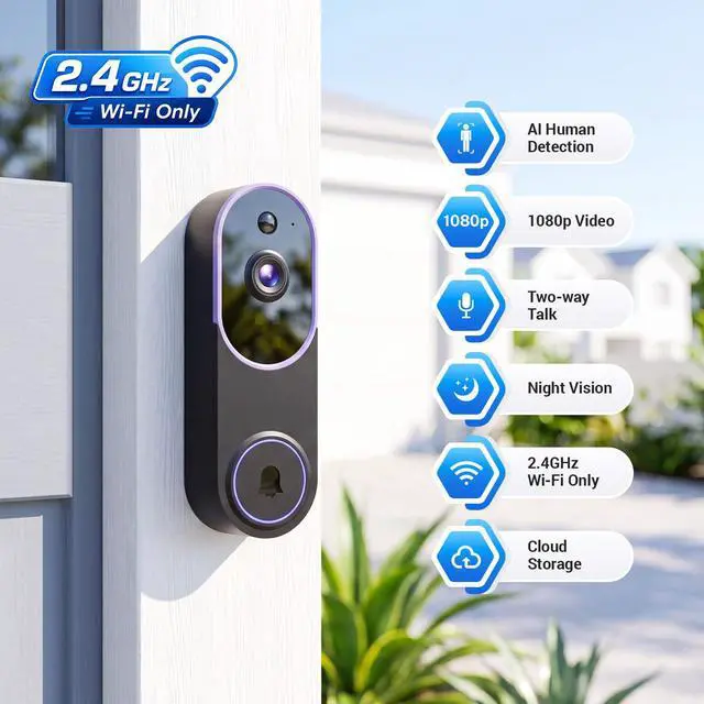Alt view image 2 of 7 - Wireless Video Doorbell Camera, AI Human Detection, Two-Way Audio, Night Vision, App Control, Wide-Angle Lens, Cloud Storage, 2.4GHz WiFi, 1080P HD Security Camera