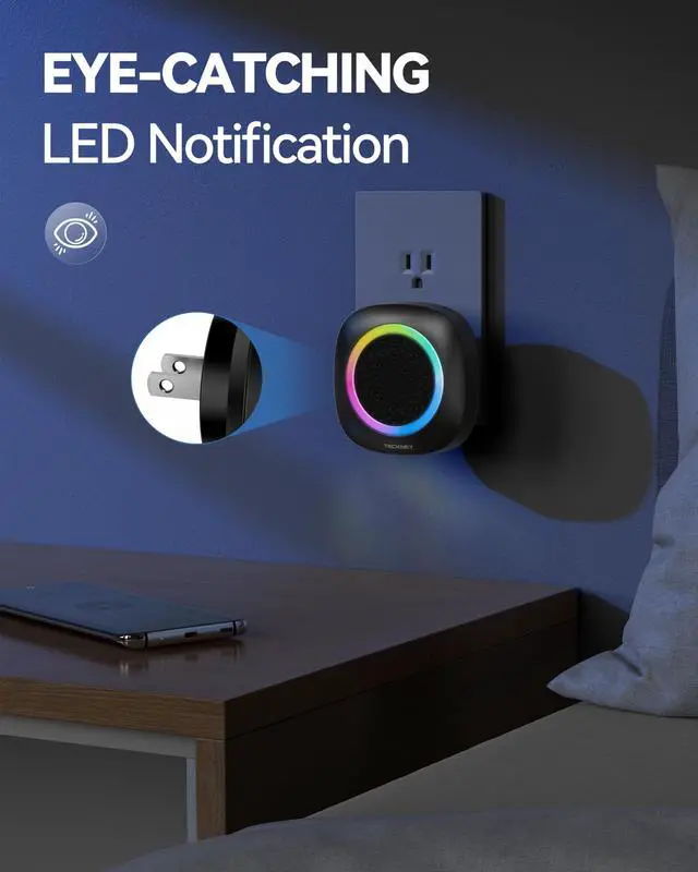 Alt view image 2 of 7 - Plug-in Wireless Doorbell with RGB Lighting & 1300 Feet Range,IP66 Waterproof Doorbell for Home/Classroom/Office/Business,60 Chimes,5-Level Volume,4.5-Year Battery Life(Black)