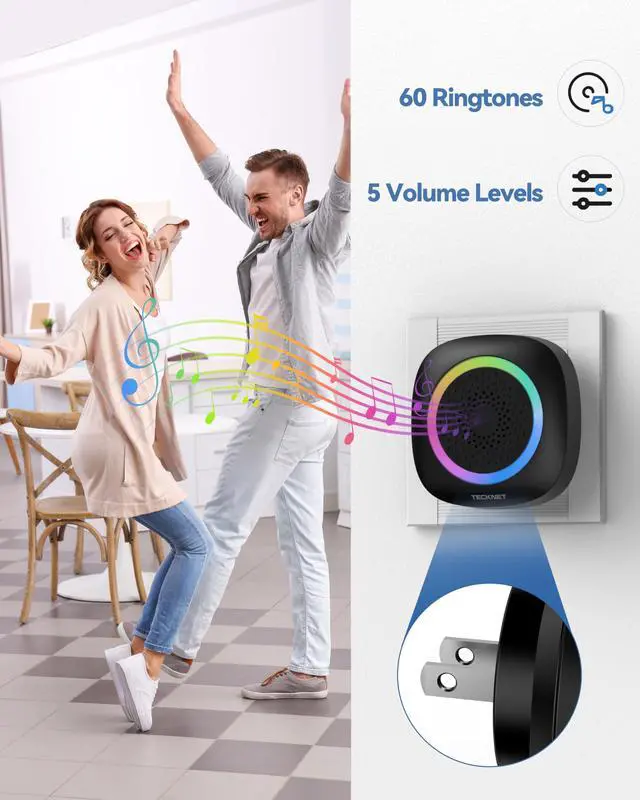 Alt view image 3 of 7 - Plug-in Wireless Doorbell with RGB Lighting & 1300 Feet Range,IP66 Waterproof Doorbell for Home/Classroom/Office/Business,60 Chimes,5-Level Volume,4.5-Year Battery Life(Black)