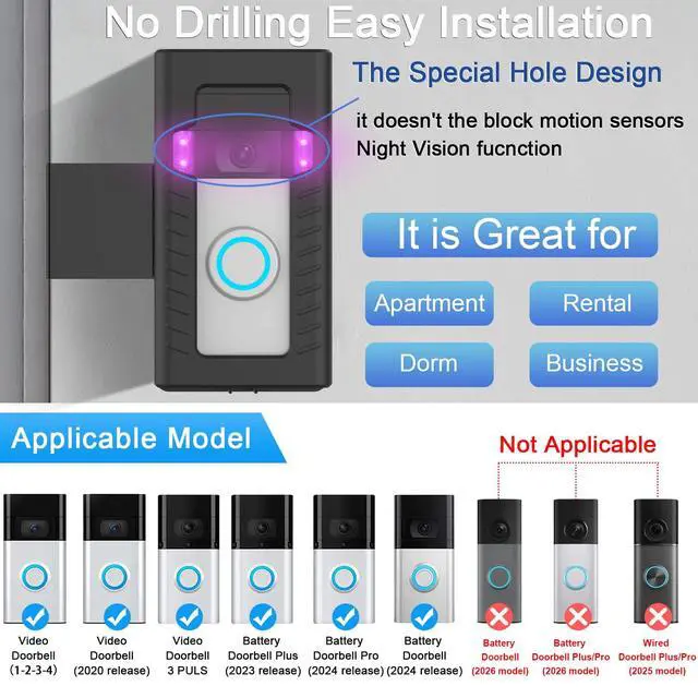 Alt view image 2 of 7 - Anti-Theft Door Mount for Ring Video Doorbell 4/3 Plus/3/2/1 (2020) | No-drill anti-theft door mount , renter friendly, secure fit, easy installation,NOT for 2026 ring battery doorbell model