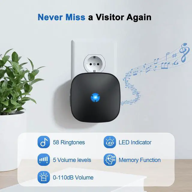 Alt view image 2 of 7 - Wireless Doorbell 1000ft Range IP55 Waterproof, 58 Ringtones | Wired Doorbell Alternative,5 Volume Levels, Plug-in Installation for Home Office Classroom